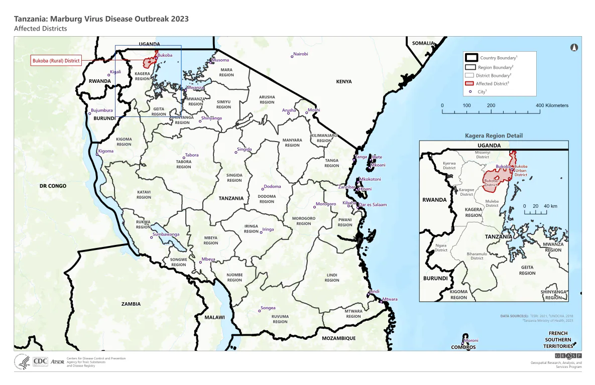 Map of Tanzania showing the location of Marburg cases