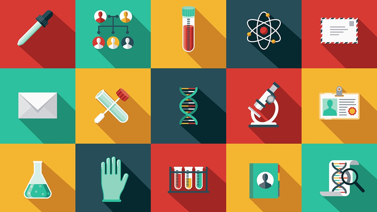 Clinical Overview of ME/CFS Genetic Testing Icon Set - stock illustration. A flat design styled icon set with a long side shadow.