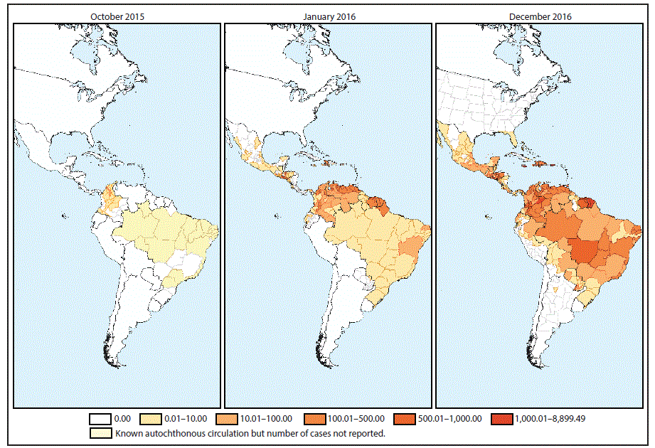 The figure above consists of three maps, showing the rate of suspected and confirmed cases of Zika virus disease per 100,000 population in the Region of the Americas in October 2015, January 2016, and December 2016.