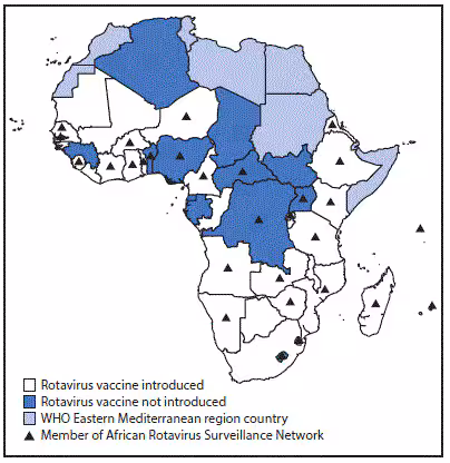 m6643a7f The figure above is a map of the World Health Organization African Region, showing which countries had introduced or not introduced rotavirus vaccine as of 2016, and which countries were members of the African Rotavirus Surveillance Network.