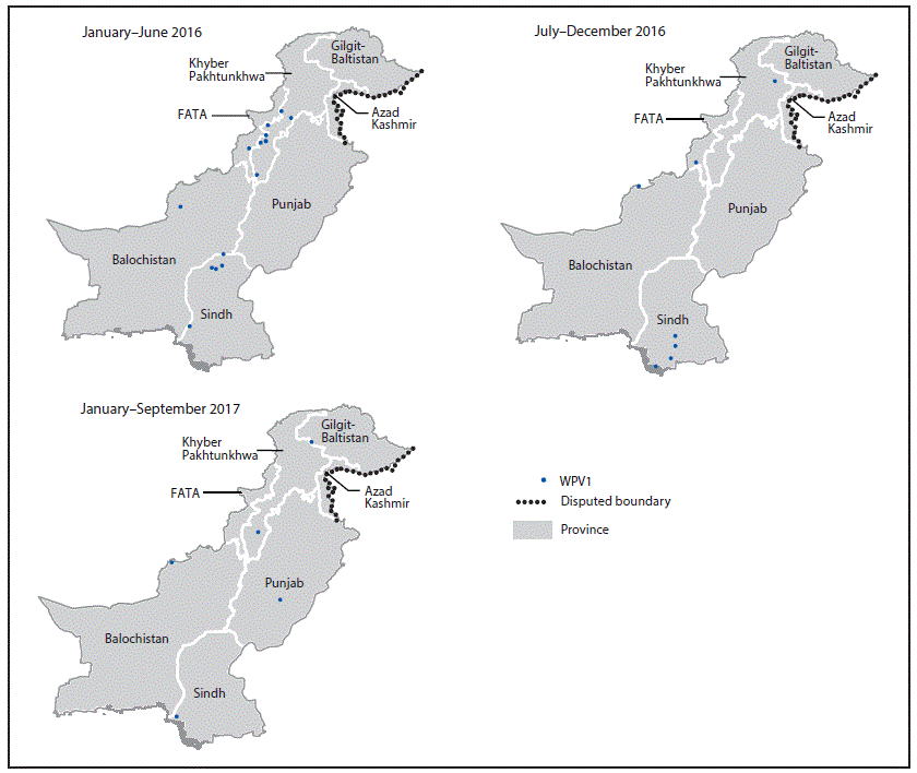 m6646a4f2 The figure above is a series of maps of Pakistan showing the location of wild poliovirus type 1 cases during three periods from January 2016 through September 2017.