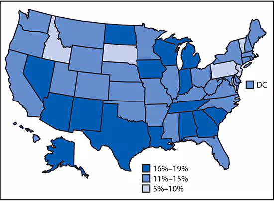m6647e1f1 The figure above is a map of the United States showing the percentage of undiagnosed human immunodeficiency virus (HIV) infections among persons aged ≥13 years living with diagnosed or undiagnosed HIV Infection, by state, in 2015.