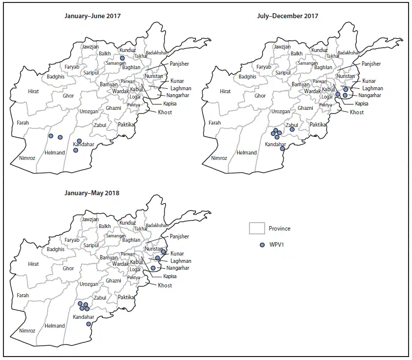 The figure above is a map of Afghanistan showing the location of wild poliovirus 1 cases by province during January 2014–May 2018.