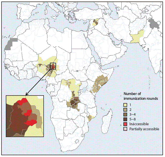 The figure above is a map showing areas where monovalent oral poliovirus vaccine type 2 has been used for prevention and control of circulating vaccine-derived poliovirus type 2 transmission, by number of immunization rounds during 2016–2018.