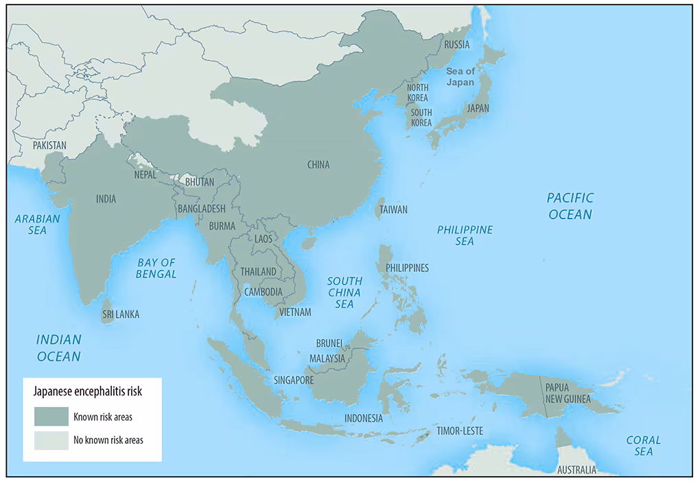 rr6802a1-F2 This figure is a map showing the approximate geographic range of Japanese encephalitis throughout most of Asia and parts of the western Pacific. The map has shading indicating known risk areas and no known risk areas.