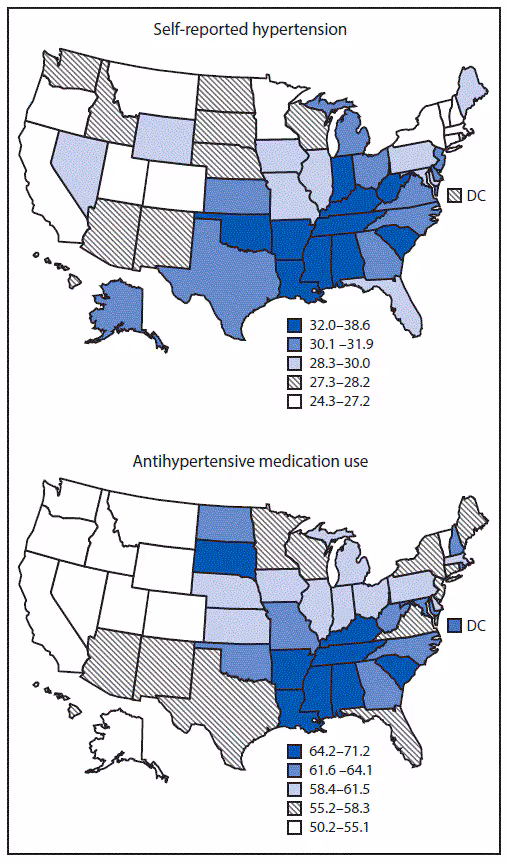 mm6914a1-F The figure is two maps of the United States showing the age-standardized percentage of self-reported hypertension and antihypertensive medication use among adults aged ≥18 years, by state, using data from the Behavioral Risk Factor Surveillance System, 2017.
