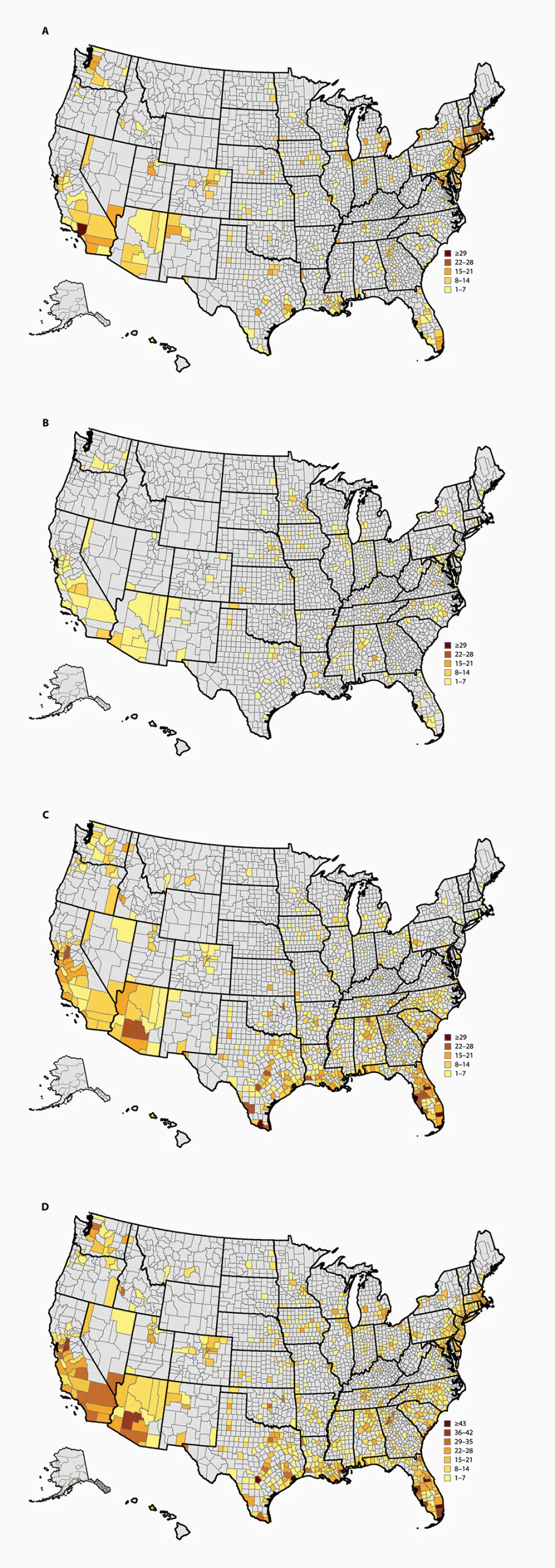 The figure is a series of four maps showing the number of COVID-19 hotspot alerts, by county and number of days meeting hotspot criteria for (A) March 8–April 30, (B) May 1–31, (C) June 1–July 15, and (D) entire period, in the United States, during March 8–July 15, 2020.