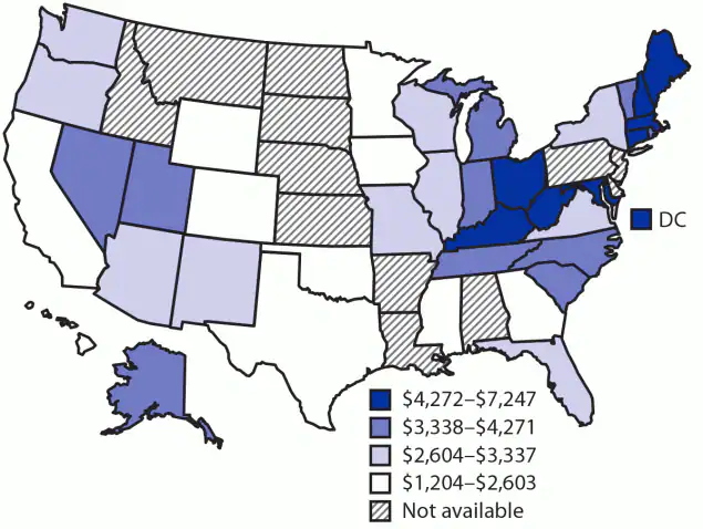 The figure is a map of the United States illustrating the per capita combined costs of opioid use disorder and fatal opioid overdose in the United States for 2017.