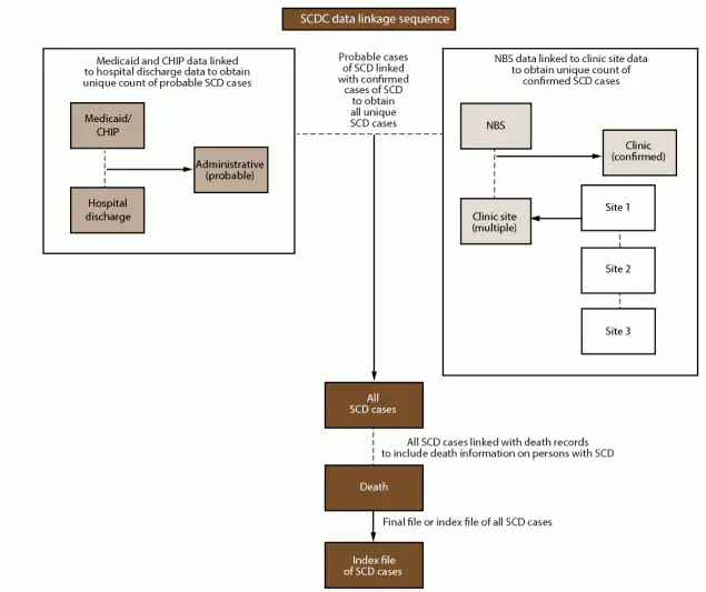 Figure depicts a flow chart for Sickle Cell Data Collection surveillance data linkage and deduplication process.