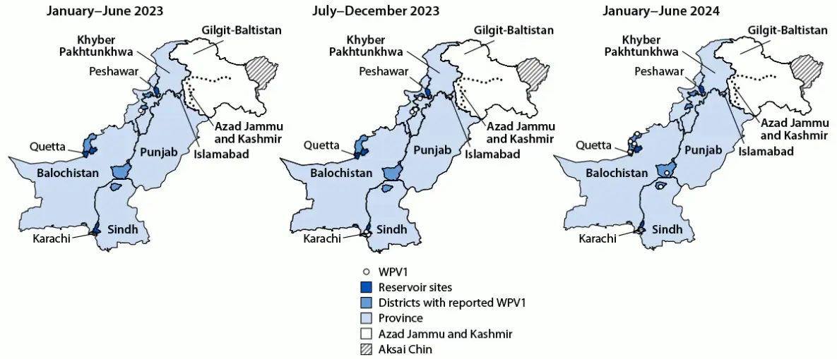 Figure 2 is a series of three maps illustrating the location of wild poliovirus type 1 cases, by province and period, in Pakistan during January 2023–June 2024.