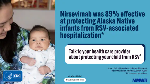 This image shows a person holding an infant. Text reads, “Nirsevimab was 89% effective at protecting Alaska Native infants from RSV-associated hospitalization. Talk to your health care provider about protecting your child from RSV.”