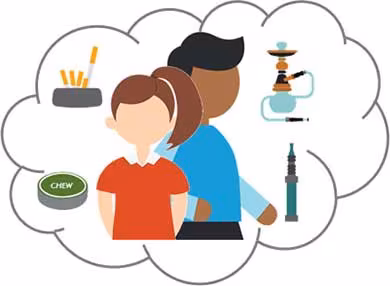 Graphical element A cartoon illustration of a puff of smoke showing different types of tobacco products