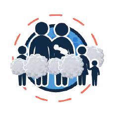 intro04 A cartoon icon of a family of 6 (two adults, two children, one toddler, and one baby) with smoke around them.