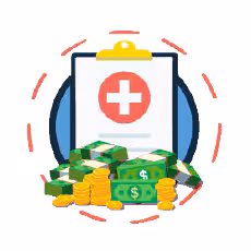 intro05 A cartoon icon of a medical chart and stacks of money around the chart.
