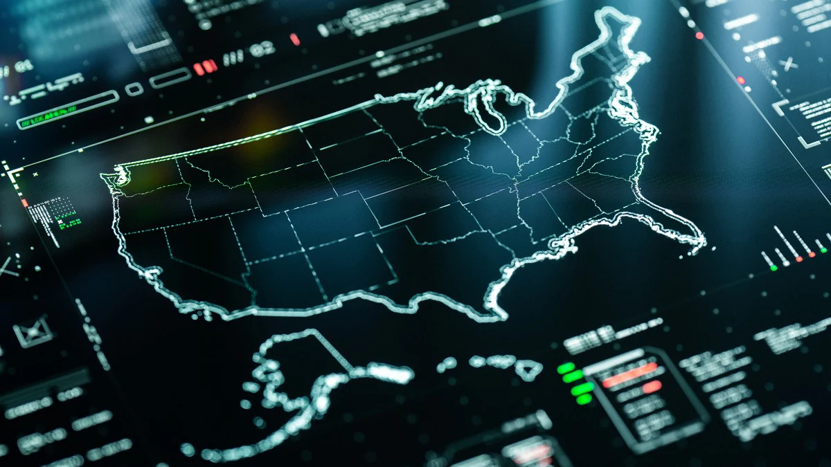 Digital map of the United States with data charts