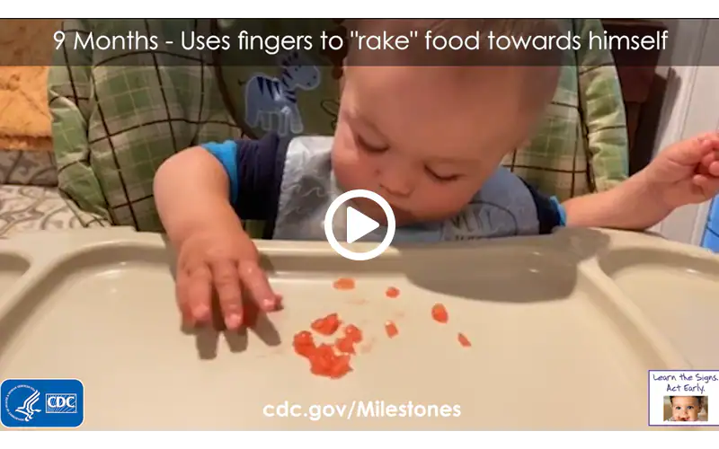 Uses fingers to "rake" food towards himself