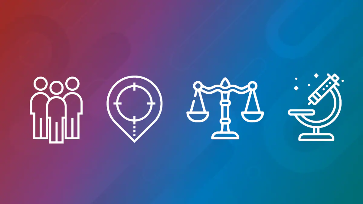 Four icons representing NCHHSTP's syndemics approach: people, location, scale, and microscope.