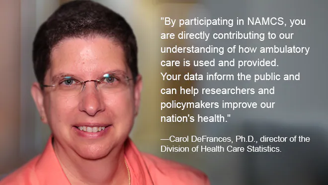 Carol DeFrances, Ph.D., short dark hair, glasses, and a pink shirt in front of a blurred background.