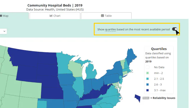 Screenshot of map in DQS that shows toggle switch for quartiles