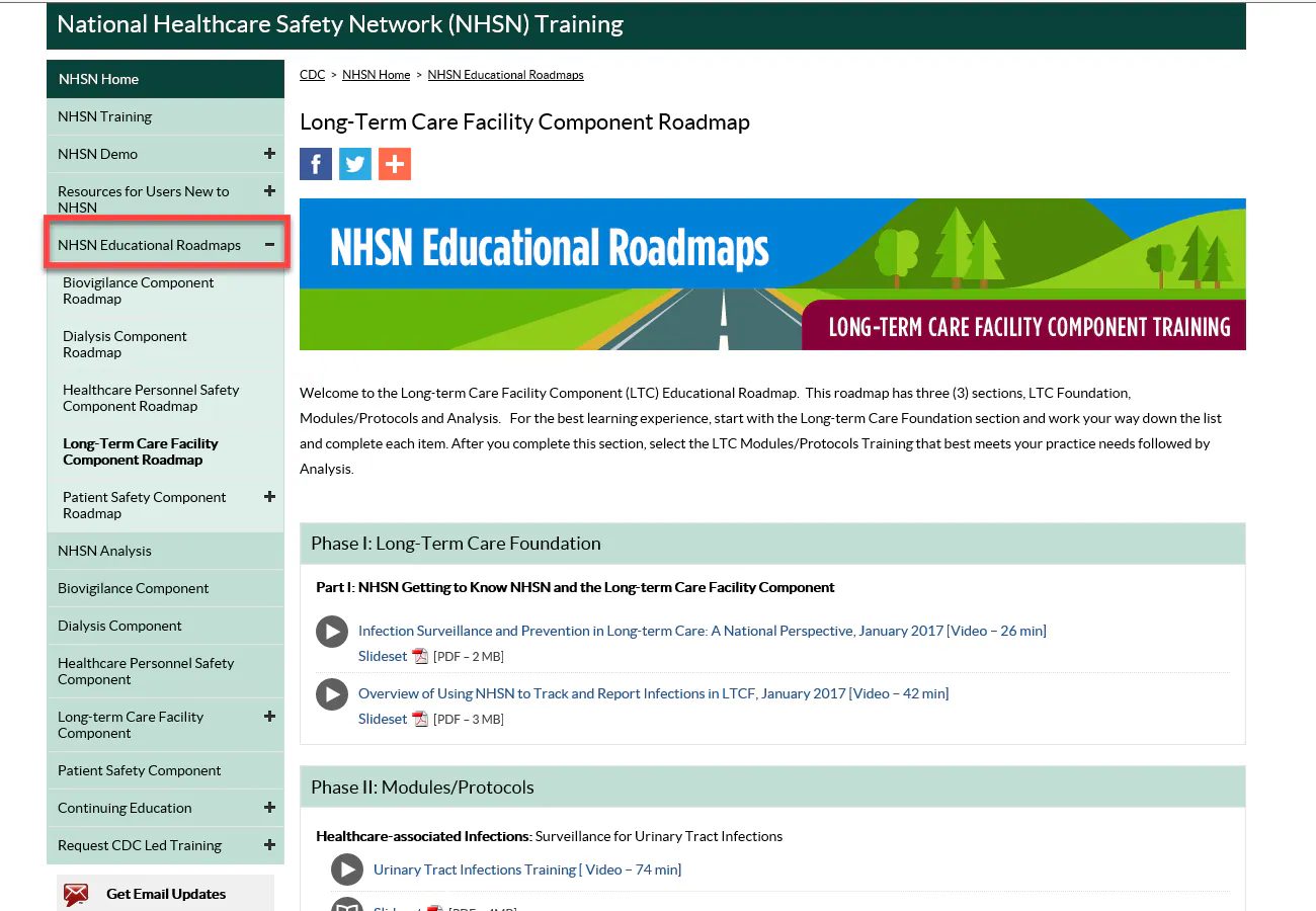 nhsn ltcf educational roadmap home page