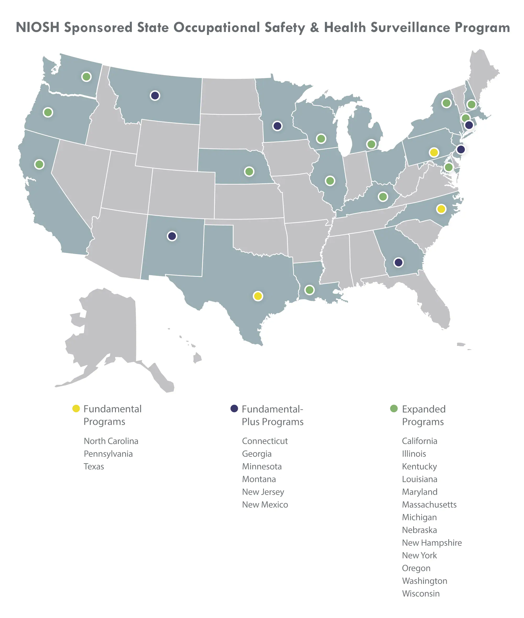 Map of states participating in the NIOSH Sponsored State Occupational Health Safety Surveillance Program