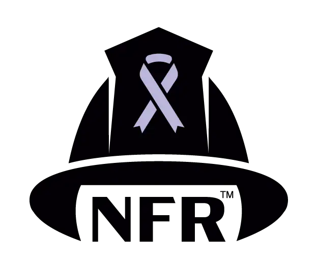 Black firefighter helmet with purple cancer ribbon on front; "NFR" under the helmet