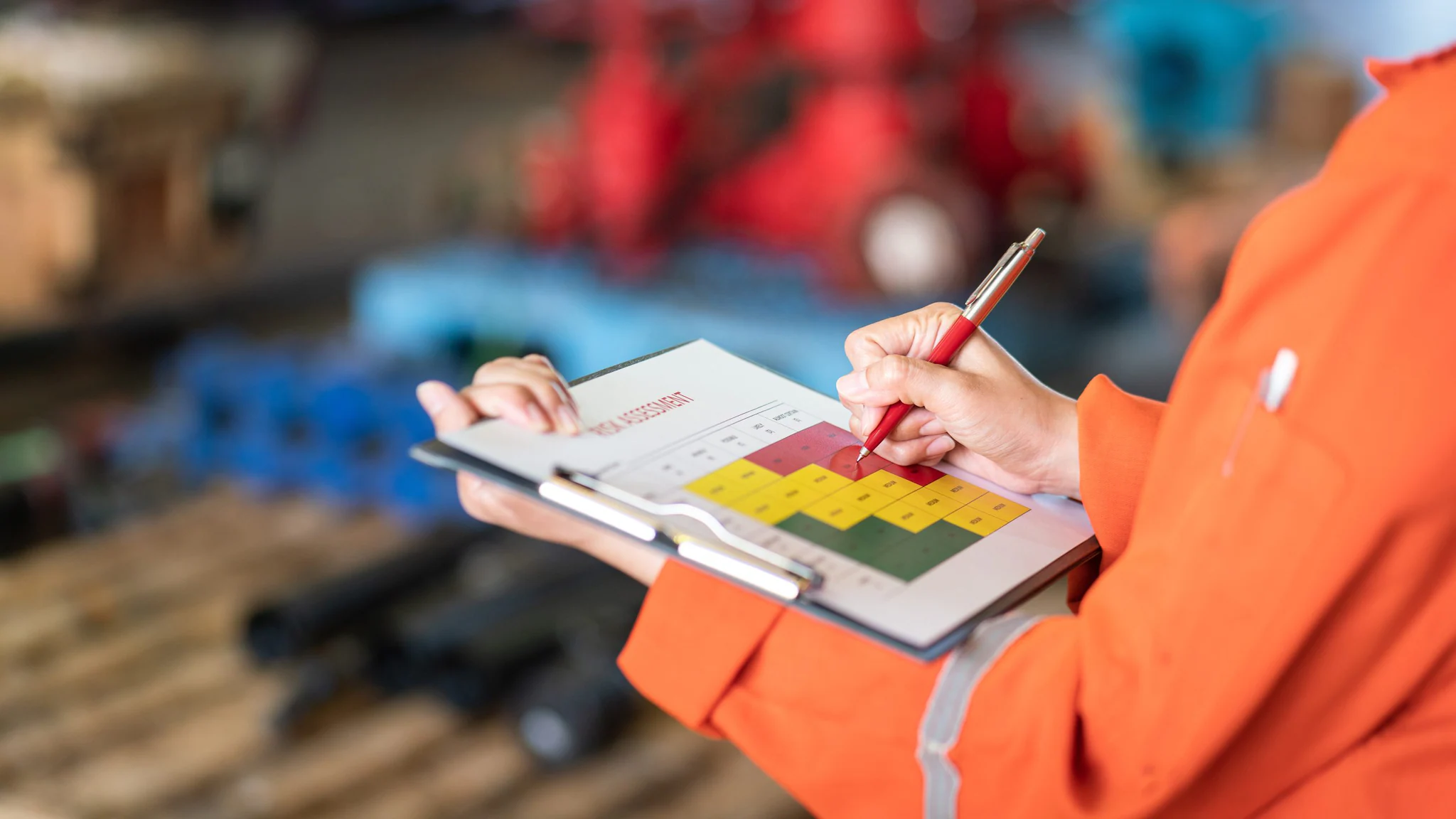 Safety manager performing work assessment and writing notes.