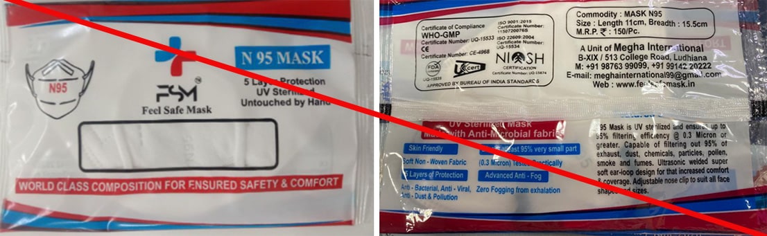 This is an example of a misrepresentation of a NIOSH approval. Megha International is marketing the Feel Safe Mask N95 in a package marked NIOSH Certification.