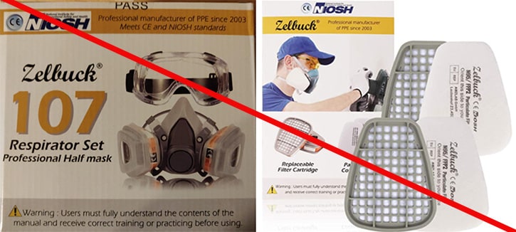 This is an example of a misrepresentation of NIOSH approved product. Zelbuck is not a NIOSH approval holder or a private label holder. Respirators and replacement cartridges and filters marked as Zelbuck are NOT NIOSH approved.