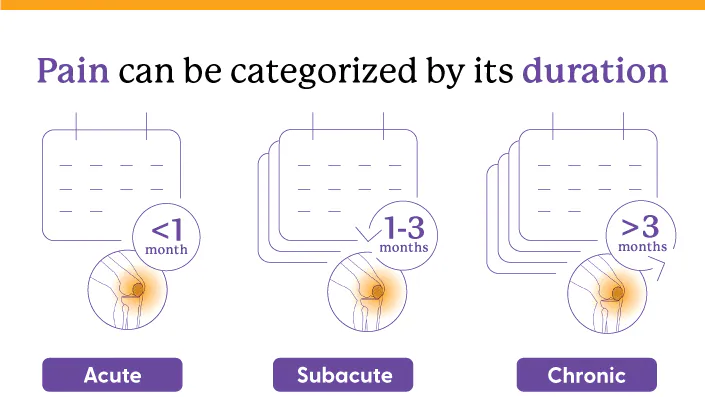 Pain can be categorized by its duration. Acute pain last less than 1 month. Subacute pain lasts 1-3 months. Chronic pain last more than 3 months.
