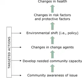 Along the left side is a vertical bar labeled “Targeted Actions.” From this bar there are four arrows that point to the right. The one at the bottom points to “Community awareness of issue” which has an arrow above it pointing upward. Above the arrow, the second arrow pointing to the right points to “Develop needed community capacity,” which has an arrow above it pointing upward. Above this arrow, the third arrow pointing right points to “Changes in change agents,” which has an arrow above it pointing upward. Above this arrow, the fourth arrow pointing right points to “Environmental shift (i.e., policy),” which has an arrow above it pointing upward. Above this arrow is “Changes in risk factors and protective factors,” which has an arrow above it pointing upward. Above this arrow is “Changes in health.”