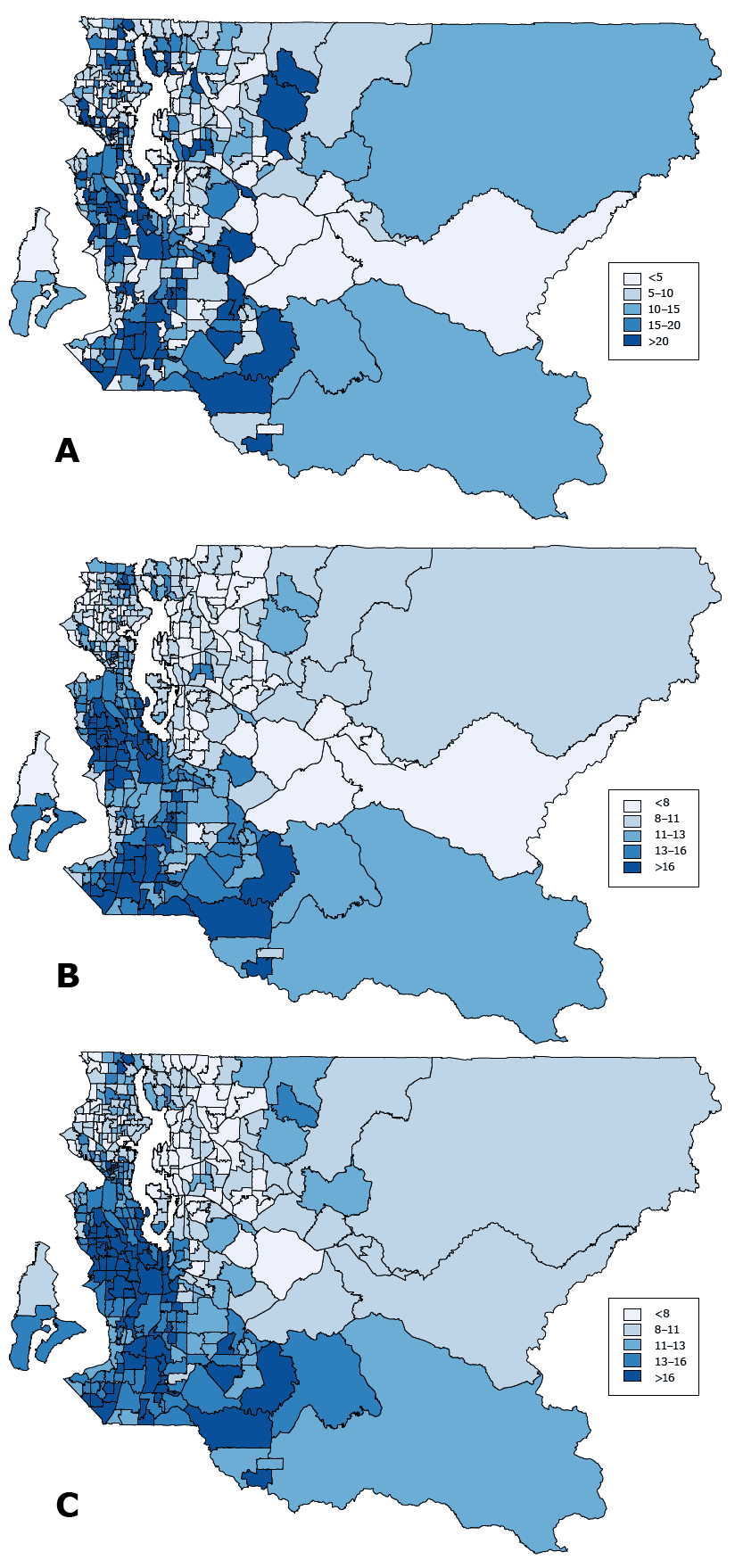  Current smoking prevalence by census tract among King County adults. Maps illustrate 3 methods for estimating smoking prevalence rates by census tract. Map A is based on the direct estimation method. Because sample sizes for many of the census tracts are too small (n <50), prevalence rates estimated by this method are unreliable. Map B shows smoothed estimates derived from our small area estimation model (hierarchical Bayesian model) for respondents with complete information on geocoded census tracts. Respondents with missing data on census tracts were excluded from this analysis. Map C combines the smoothed and the multiple imputation methods to present estimates generated by using both the small area estimation model and multiple imputation to include all respondents. Data are from the King County sample of the Behavioral Risk Factor Surveillance System for 2009 through 2013 combined.