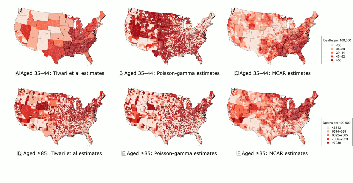 Estimates of age-standardized heart disease mortality rates from 1980. A, Crude age-standardized rates based solely on the data. B, Estimates obtained by using the approach of Tiwari et al (8). C, Estimated posterior medians from the Poisson-gamma model. D, Estimated posterior medians from the multivariate conditional autoregressive model (MCAR). Data source: Centers for Disease Control and Prevention (18).