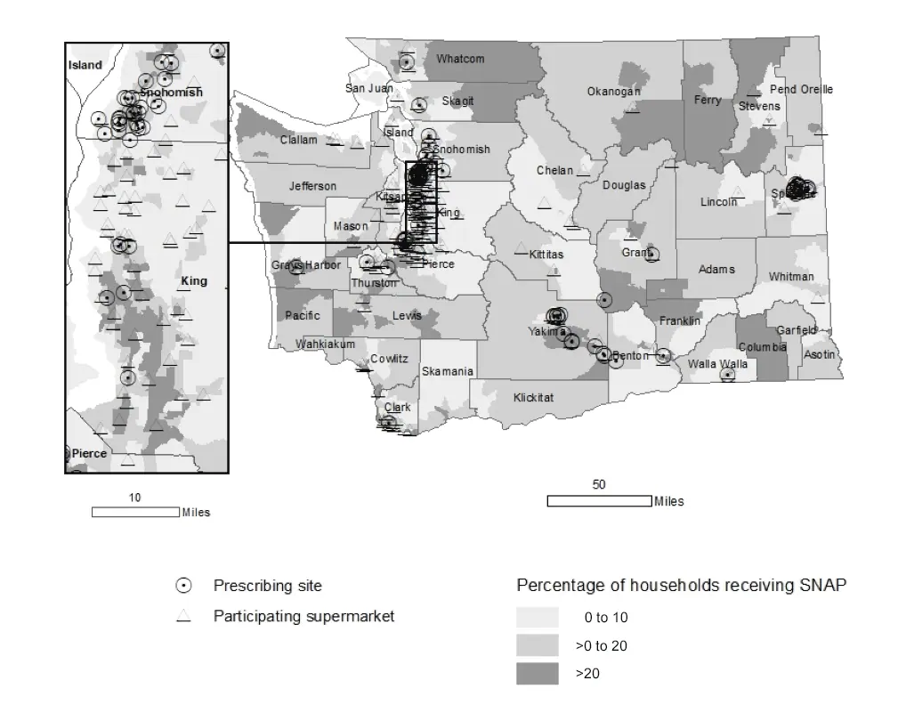 Percentage of households receiving Supplemental Nutrition Assistance Program benefits by census tract and location of prescribing sites and participating supermarkets, Washington State’s Fruit and Vegetable Prescription Program, 2016–2018. Resources: Supplemental Nutrition Assistance Program data, American Community Survey, 2012–2016; clinic data, Healthy Eating Active Living Program, Washington State Department of Health.