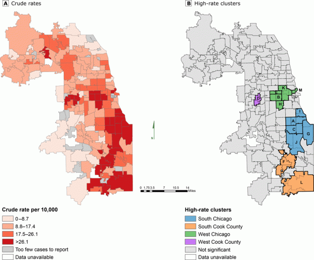 Asthma inpatient hospitalizations in Cook County, Illinois, by zip code, among children, adolescents, and young adults aged 0 to 19 years, 2011–2014. A, Crude rates. B, High-rate clusters, or neighborhoods with higher rates than would be expected under a constant rate hypothesis. Letters on map B correspond to clusters described in Table 1. These maps improve our understanding of rates of asthma inpatient hospitalization among young people in Cook County, Illinois, and will aid the Illinois Department of Public Health and asthma-focused community partners in identifying neighborhoods for asthma interventions. Data sources: Illinois Department of Public Health Division of Patient Safety and Quality and US Census Bureau (6,7).