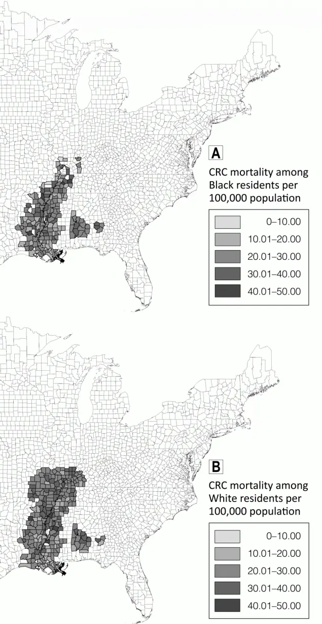 Colorectal cancer mortality rates per 100,000 population among A, Black residents and B, White residents in counties in the Mississippi Delta Region, 1999–2018. Map created using ESRI ArcGIS version 10.5.1. Abbreviation: CRC, colorectal cancer.