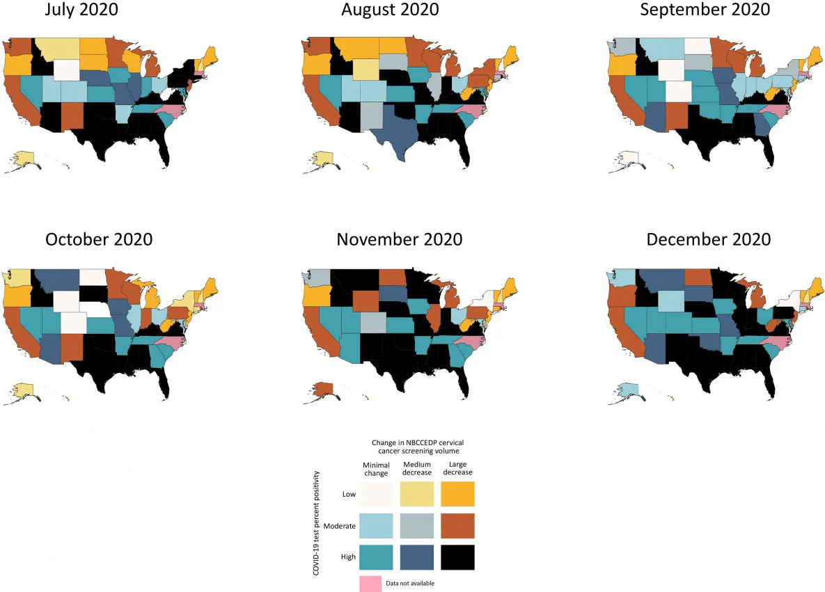 Bivariate visualization of the association between state-level proportional change in NBCCEDP cervical cancer screening volume and COVID-19 test percent positivity for each month from July through December 2020. Cervical cancer screening volume was based on NBCCEDP minimal data elements submitted in April 2021. Data for the District of Columbia, Massachusetts, and North Carolina and are not displayed because 2020 cervical cancer screening data were missing. The change in cancer screening volume was calculated as the difference between the volume during July–December 2020 and the previous 5-year average for those months. Abbreviation: NBCCEDP, National Breast and Cervical Cancer Early Detection Program.