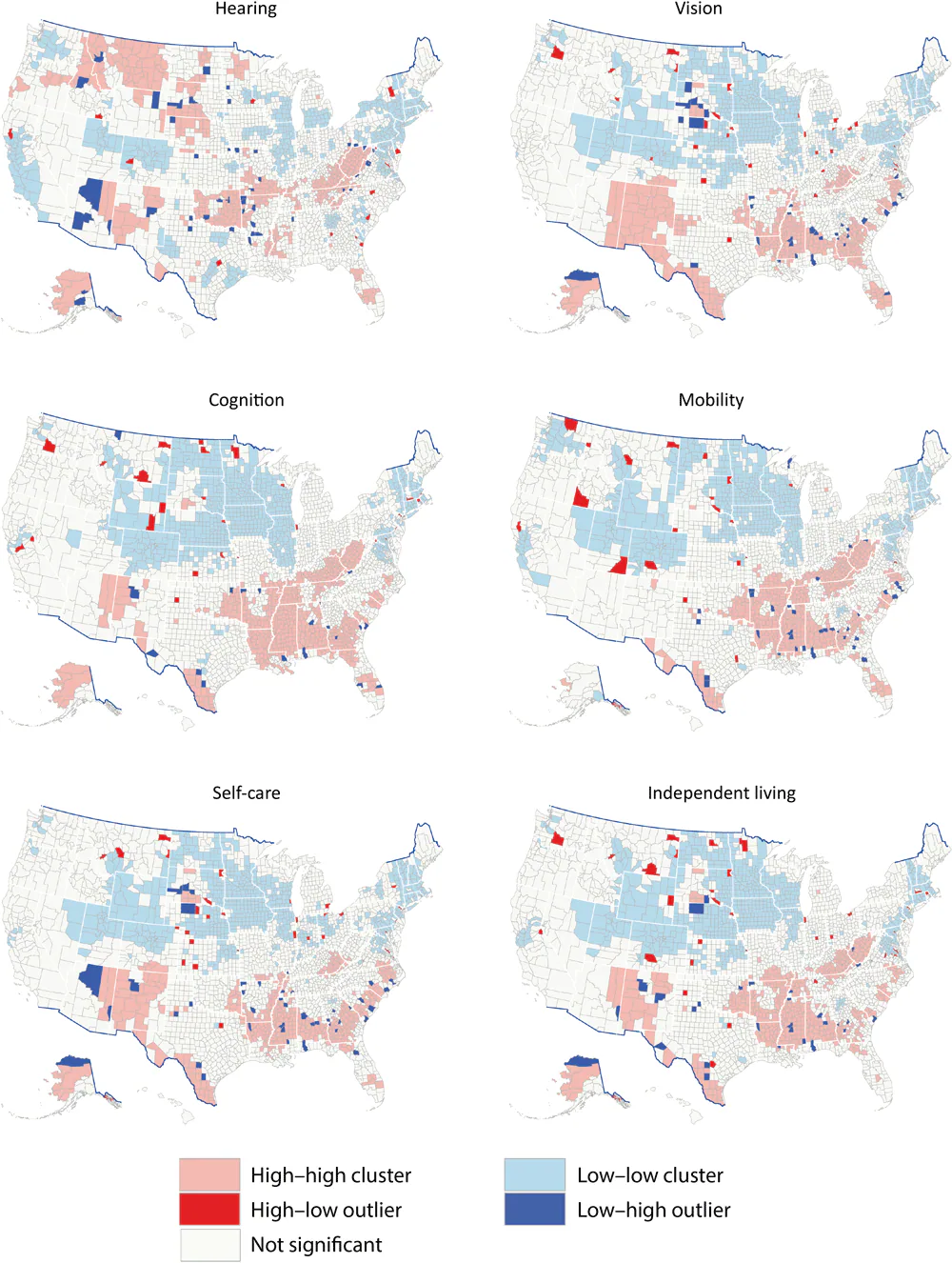 Cluster-outlier for model-based estimates among adults aged ≥18 years by functional disability type and county, United States, 2018. Data sources: Behavioral Risk Factor Surveillance System 2018 (10), US Census Bureau (15,16).