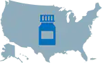 Blue prescription bottle transposed over a map of the continental United States.