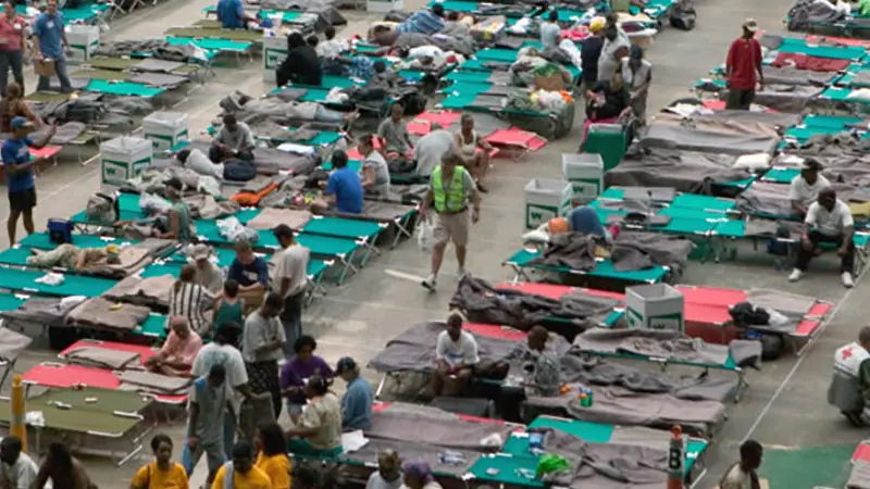 People gathererd on cots in an emergency shelter.