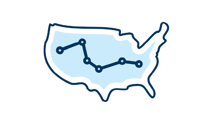 Icon of United States with a scatterplot and trend line inside it