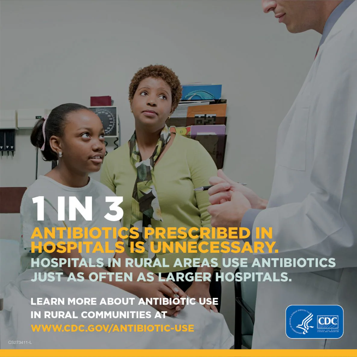 Mother and child consulting with a healthcare provider. One in three antibiotics prescribed in hospitals is unnecessary. Hospitals in rural areas use antibiotics just as often as larger hospitals. Learn more about antibiotic use in rural communities at www.cdc.gov/antibiotic-use.