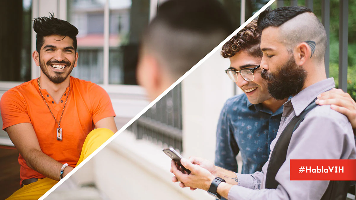 Ya sea en persona o por mensajes de texto, es importante hablar sobre la prevención del #VIH. Compartimos más ideas para iniciar la conversación aquí: https://bit.ly/34Zwwrz  #HablaVIH - Two pictures in one the picture has a man in an orange shirt smiling next image has two men standing close together looking at a phone