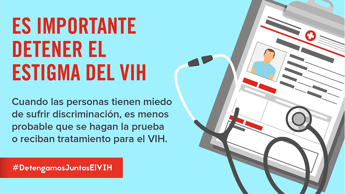 El #EstigmaDelVIH se basa en creencias negativas que llevan a la discriminación de las personas que tienen el VIH. Cuando apoyamos a las personas que tienen el #VIH, les facilitamos que lleven una vida saludable. Aprende más: https://bit.ly/37bGTtK #DetengamosJuntosElVIH - Animated image of a clipboard and stethoscope with the words “Es Importante detener el estigma del VIH”