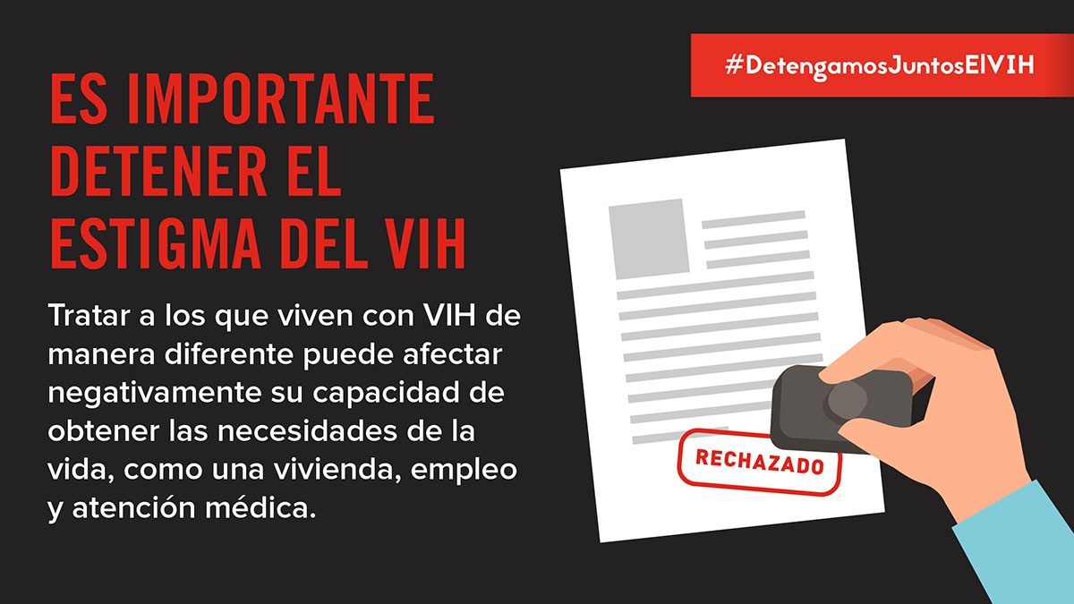 ¿Sabías que tratar a alguien diferente porque tiene el #VIH es un ejemplo de estigma? Aprende más aquí:  https://bit.ly/37bGTtK #DetengamosJuntosElVIH - Animated hand stamping paper with the words “ Es importante detener el estigma del VIH”