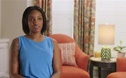 Black Female sitting in room with window and chair behind her talking to camera