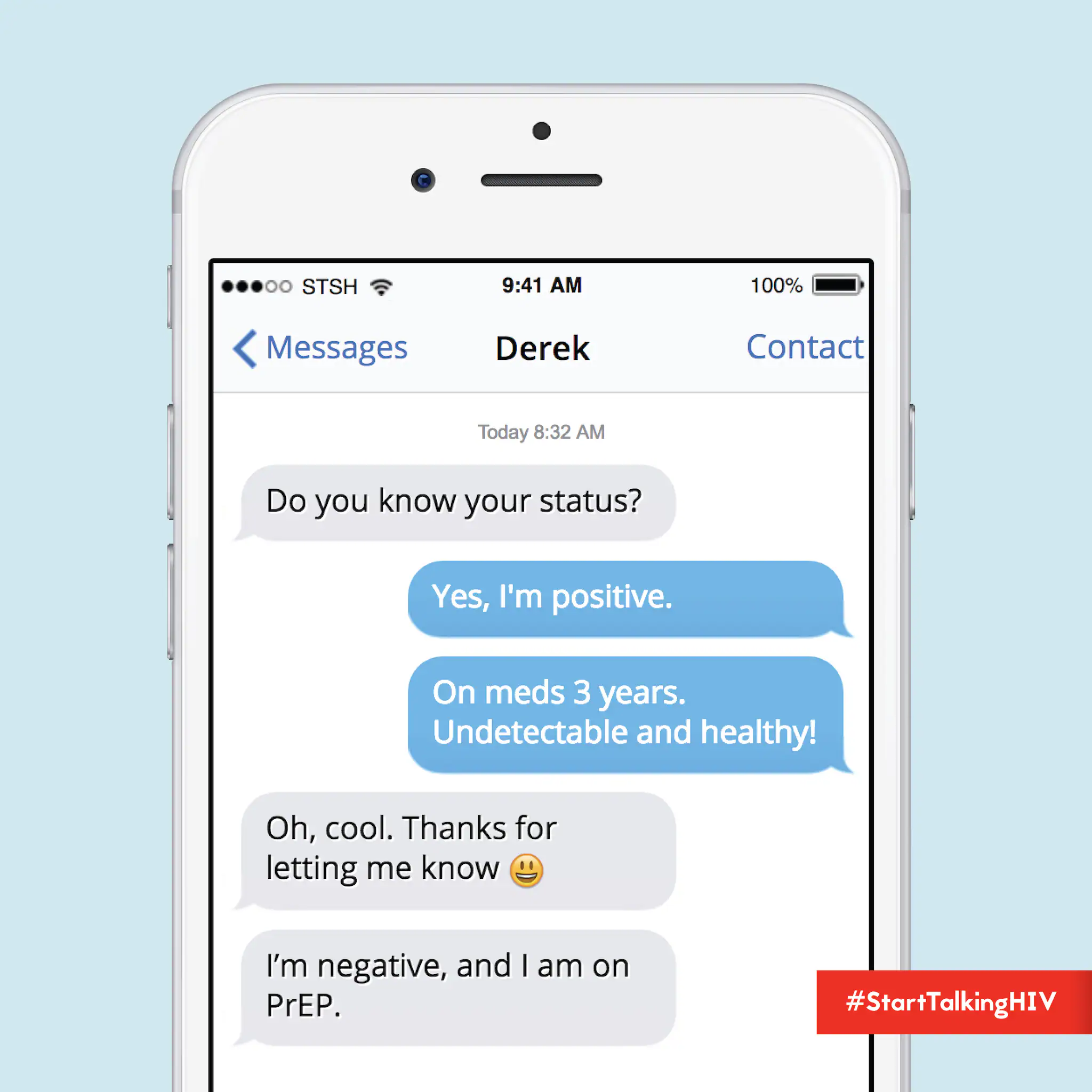 Image displays a cell phone screen that depicts a text conversation between two individuals disclosing their HIS status to each other (one positive and undetectable; the other negative and on PrEP).