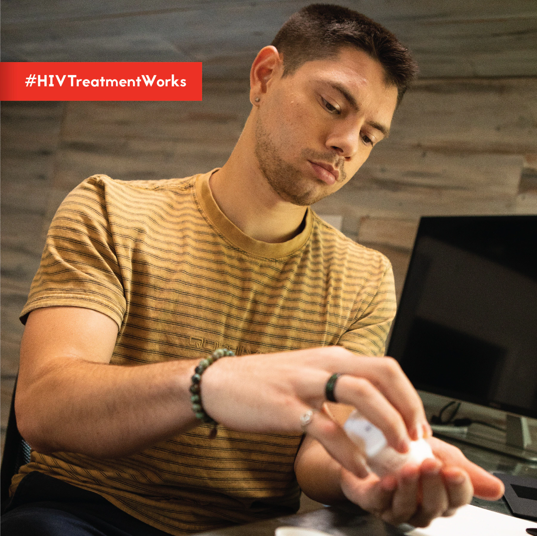 Image displays a man pouring the contents of a pill bottle into the palm of his hand.