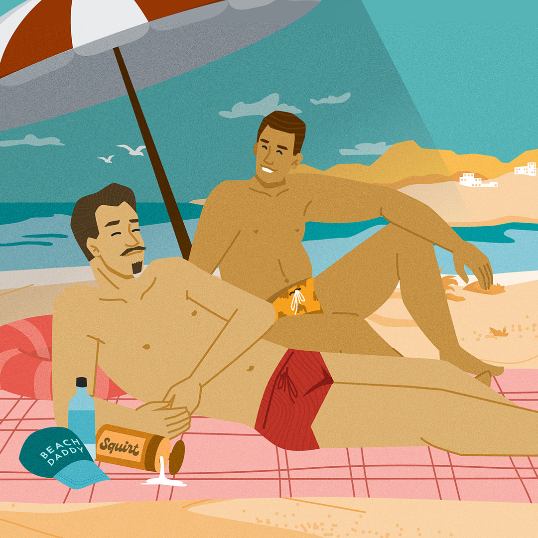 An illustration of an intergenerational gay male couple lounging on a beach.