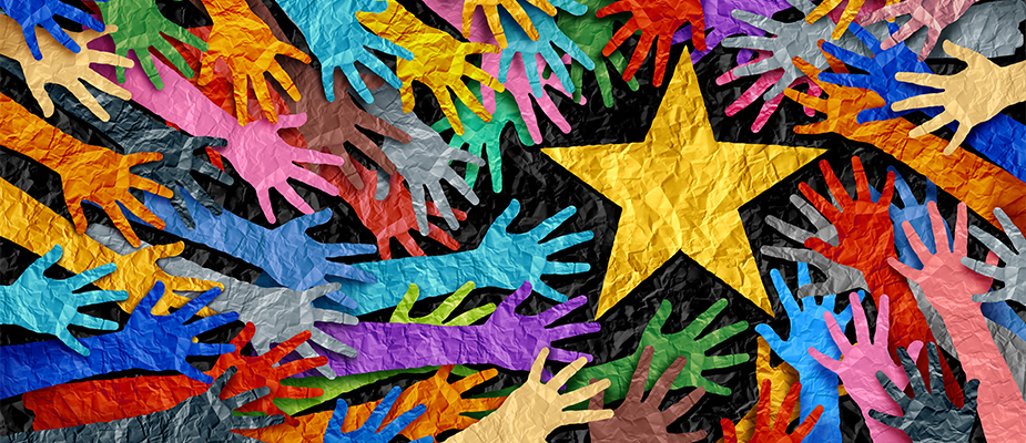 rainbow-colored hands reaching toward a star rainbow-colored hands reaching toward a star
